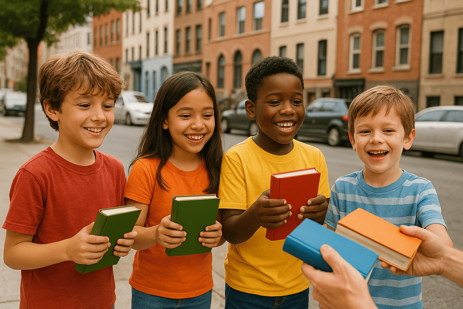 kids receiving Bibles during outreach